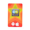 A vibrant rewards card with a multicoloured star design, featuring logos for Android and Apple.