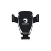 A black wireless car charger with a holder and an accompanying logo.