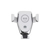 A wireless car charger in sleek white and chrome, featuring a logo and fast charging symbol.