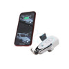 A wireless car charger in white, designed for smartphones, alongside a phone displaying a vehicle image.