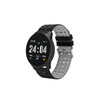 A black round smart watch with a digital display and a perforated strap. It features various icons and functions.