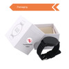 A black round smart watch displayed beside its white packaging. The box features a branding logo.