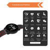 A round black smart watch with a red and black strap, featuring various icons for functionalities and a logo.
