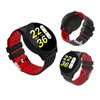 A round smart watch with a black and red strap, featuring a digital display with multiple readings.