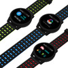 Three round smart watches with black bands and coloured accents in green, blue, and red, displaying various fitness metrics.
