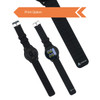 A round black smartwatch with a digital display and silicone strap, featuring a logo on the strap.