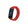 A red multifunctional smart band with a black display, featuring digital readings and a textured strap.