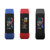Three multifunctional smart bands in blue, red, and black with display screens and textured straps. Each has a logo.