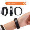 A black multifunctional smart band displayed in three angles on a wrist, featuring a logo on the clasp.