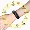 A black multifunctional smart band on a wrist, featuring a touchscreen and icons for various health and activity tracking functions.