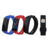 A multifunctional smart band in blue, red, and black, featuring a display and a logo on the strap.