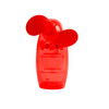 A transparent red handy fan with two propeller blades and a small branding logo.
