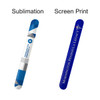Two silicone slap bands in blue and white designs, each featuring distinct branding, displayed side by side.