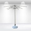 A 2x2m square patio umbrella with a blue base, featuring a light grey frame and multiple extended ribs.