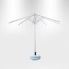 A market umbrella with a blue canopy and a white frame, featuring a weighted base for stability.