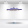 A purple round market umbrella with a light blue base, featuring a central pole and branding.