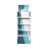 A self-assembly premium cardboard display stand in shades of teal and white with multiple shelves and a branding logo.