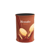 A cylindrical packaging container in brown featuring chocolate shortcake cookies with a logo.