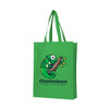A green non-woven bag featuring a logo with a chameleon design on a branch. It has large gussets for added capacity.