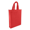 A red non-woven trade show bag with two sturdy handles and a simple design. It features a logo on one side.