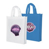 A blue and a white non-woven trade show bag featuring a logo on each bag.