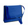 A blue non-woven sling bag with a black trim and an adjustable shoulder strap, featuring a front flap and a logo.
