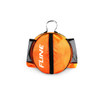 A round orange backpack with black mesh pockets and a logo, designed for carrying a ball.