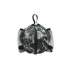 A round grey camouflage backpack with mesh side pockets and a top handle, featuring a zip closure.