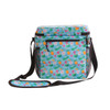 A vibrant cooler bag with a floral pattern, featuring a strap and a side mesh pocket.