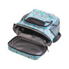 A vibrant blue cooler bag with a tropical design, featuring a strap and mesh pockets, and a spacious insulated interior.