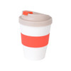A glossy white coffee cup with a beige lid and a bright orange sleeve, featuring a logo.
