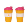 A reusable coffee cup featuring a glossy yellow body and a pink lid, with a white band and logo.