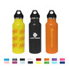 A drink bottle set featuring three styles: yellow with a pattern, black with a logo, and orange with text.