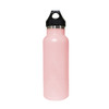 A drink bottle in pink with a black lid and a logo. Features a double wall vacuum design.