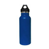 A drink bottle in blue, made of stainless steel with a black PP lid and a built-in handle.