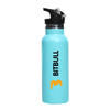 A drink bottle in light blue with a flip valve lid and a black top, featuring a logo.