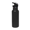 A drink bottle featuring a sleek black design, double wall insulation, and a flip valve lid. It includes a logo.
