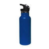 A drink bottle in blue, featuring a double wall vacuum design and a flip valve lid. It has a logo on the side.