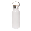A drink bottle featuring a frosted white exterior, stainless steel cap, and bamboo lid with a metal handle.