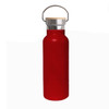 A drink bottle in bright red with a silver lid and bamboo top. Features a metal handle and a smooth finish.