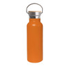A drink bottle in vibrant orange with a bamboo lid and metal carry handle. It has a logo on the side.