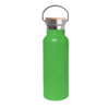 A drink bottle in vibrant green with a stainless steel body and a bamboo lid. It features a metal carry handle.