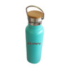 A drink bottle featuring a light blue exterior and a bamboo lid, with a logo on the front.