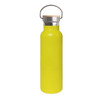 A drink bottle in bright yellow, featuring a bamboo lid and stainless steel accents.