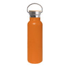 A drink bottle in vibrant orange with a bamboo lid and metal loop handle, featuring a stainless steel body.