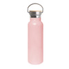 A drink bottle in a soft pink colour with a stainless steel neck and bamboo lid, featuring a metal handle.