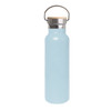 A drink bottle in light blue with a stainless steel base and a bamboo lid. It features a metal handle.