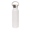 A drink bottle with a white body and bamboo lid, featuring a stainless steel carry handle.