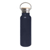 A drink bottle featuring a navy blue finish and a bamboo lid, designed with a stainless steel cap and handle.