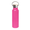 A drink bottle in bright pink with a bamboo lid and stainless steel accents. Features a handle for easy carrying.